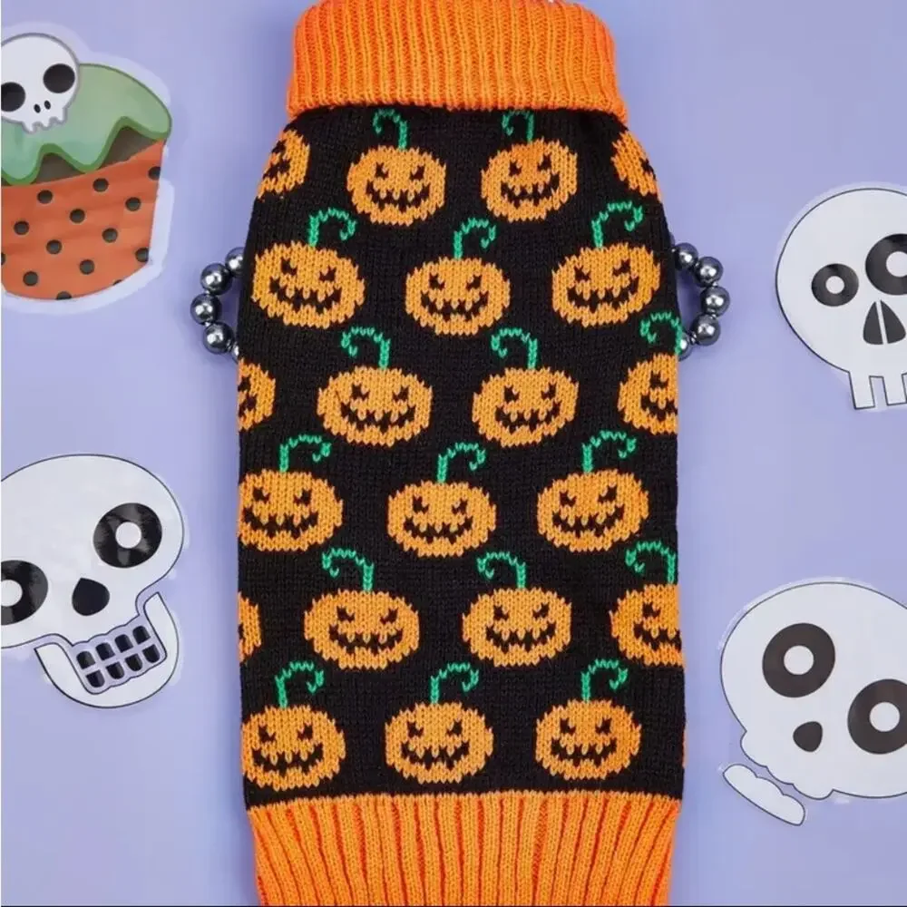 Halloween Pumpkin Dog Sweater Size Large Knit Orange Black Jack O Lantern